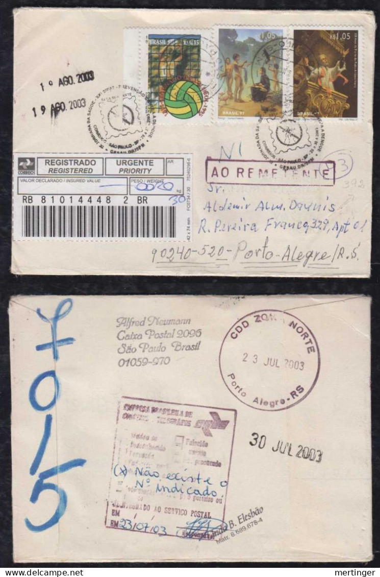 Brazil Brasil 2003 Registered Cover SAO PAULO To PORTO ALEGRE Returned To Sender - Covers & Documents