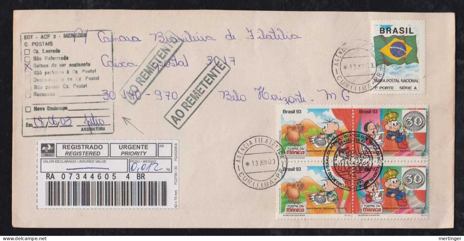 Brazil Brasil 2003 Registered Cover CURITIBA To BELO HORIZONTE Returned To Sender - Covers & Documents