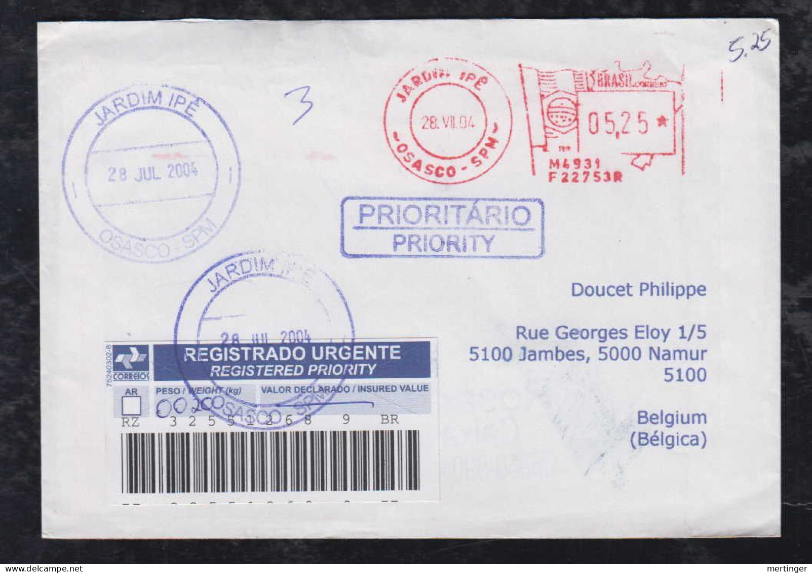 Brazil Brasil 2004 Registered Meter Cover OSASCO To NAMUR Belgium - Covers & Documents