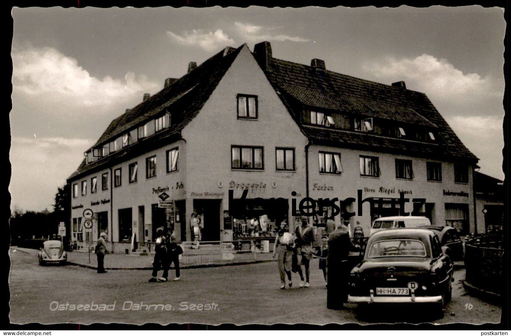 ALTE POSTKARTE OSTSEEBAD DAHME IN HOLSTEIN SEESTRASSE DROGERIE FARBEN OPEL RIEGEL UHREN SCHMUCK Ostsee Auto AK Postcard - Dahme