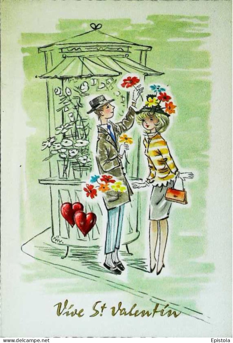 ►    Illustration Couple Saint Valentin   Fleuriste   Coeur Enlacé   Sac à Main Chapeau    Carte Non écrite - Saint-Valentin