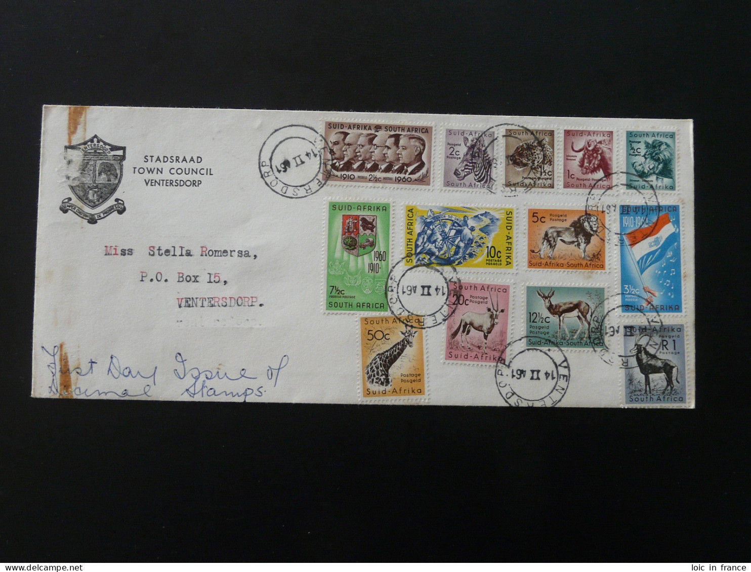 FDC Animaux Fauna Set On Cover Stadfsraad Town Council Ventersdorp Afrique Du Sud South Africa 1961 - Lettres & Documents