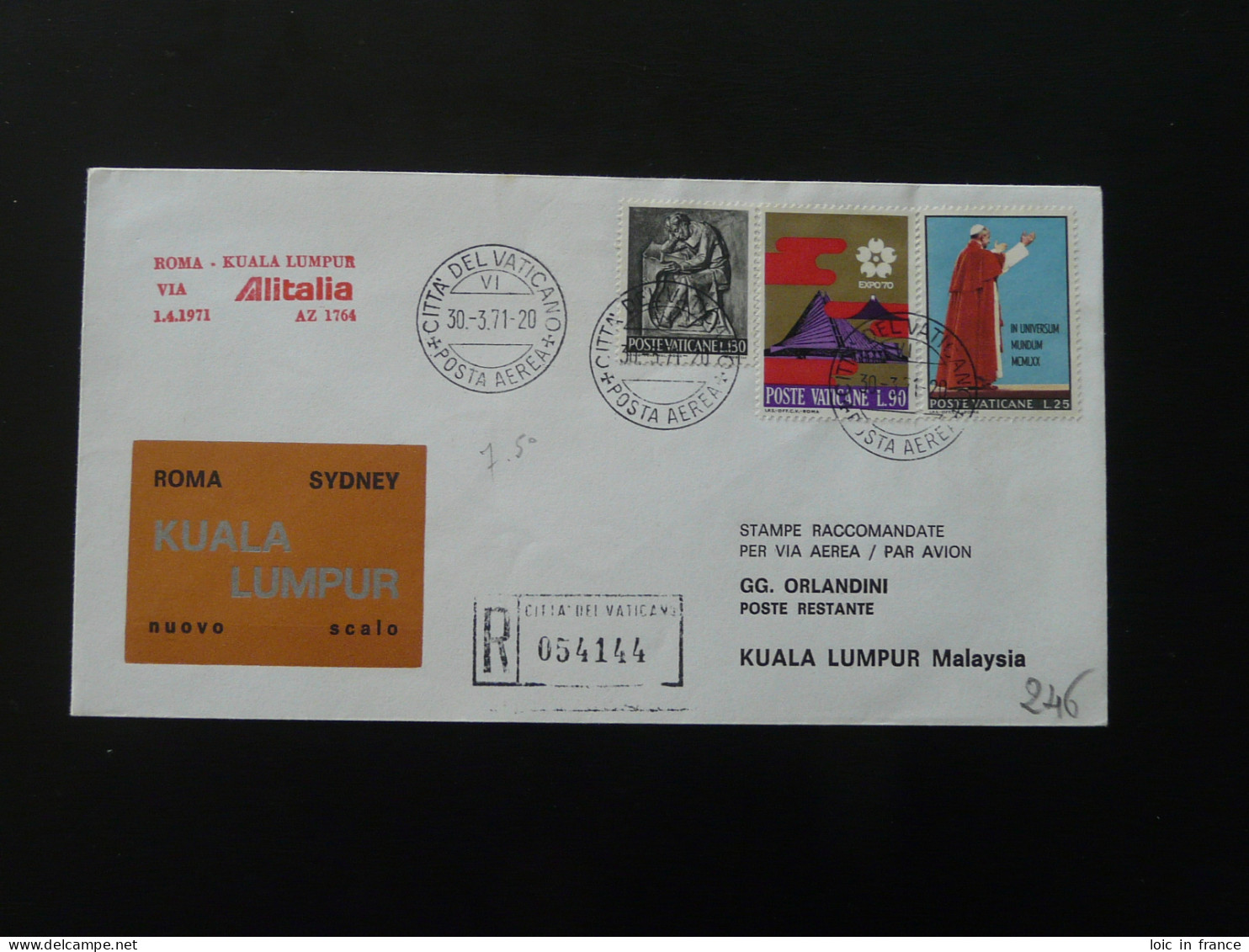 Lettre Premier Vol First Flight Cover Roma --> Kuala Lumpur Malaysia Alitalia Vatican 1971 - Cartas & Documentos