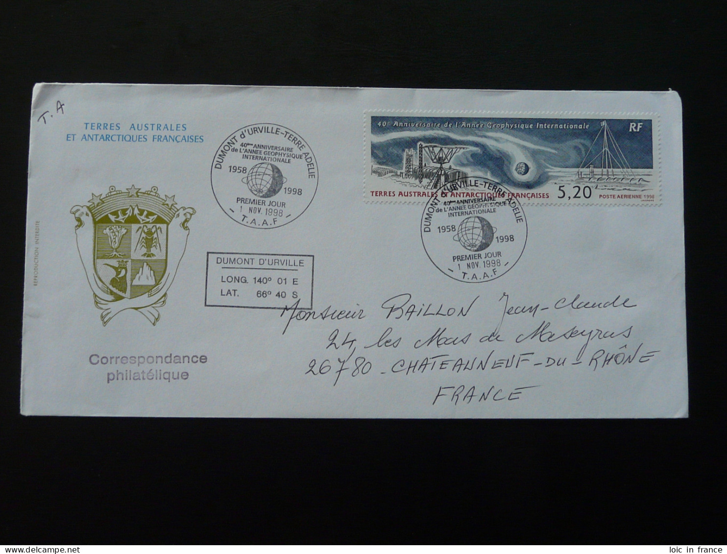 Lettre Cover Année Geophysique International Geophysics Year TAAF 1998 - International Geophysical Year