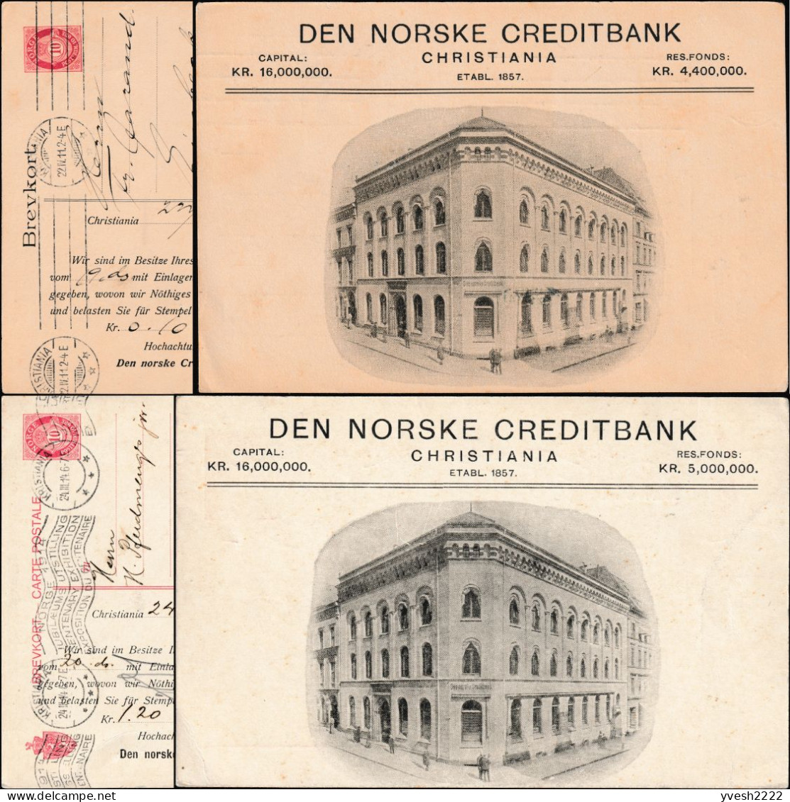 Norvège 1911. 2 Entiers Postaux Timbré Sur Commande Et Repiqué. Vue Belle époque, Façade De Banque Norske Creditbank - Enteros Postales