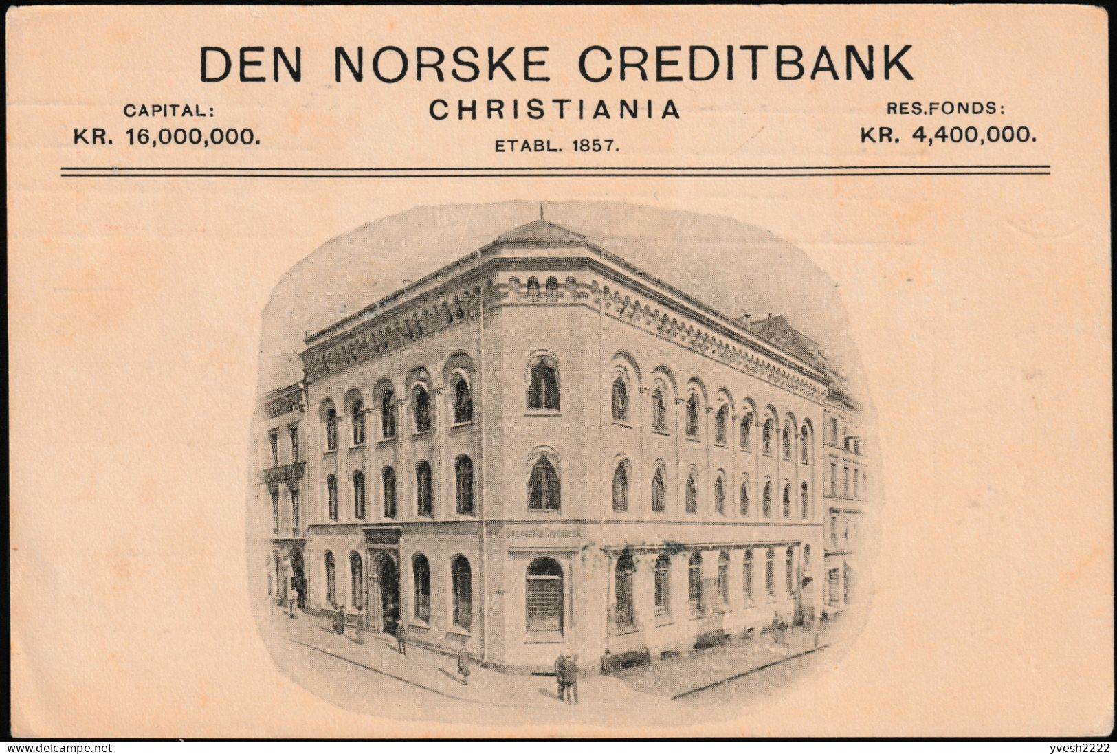 Norvège 1911. 2 Entiers Postaux Timbré Sur Commande Et Repiqué. Vue Belle époque, Façade De Banque Norske Creditbank - Postwaardestukken