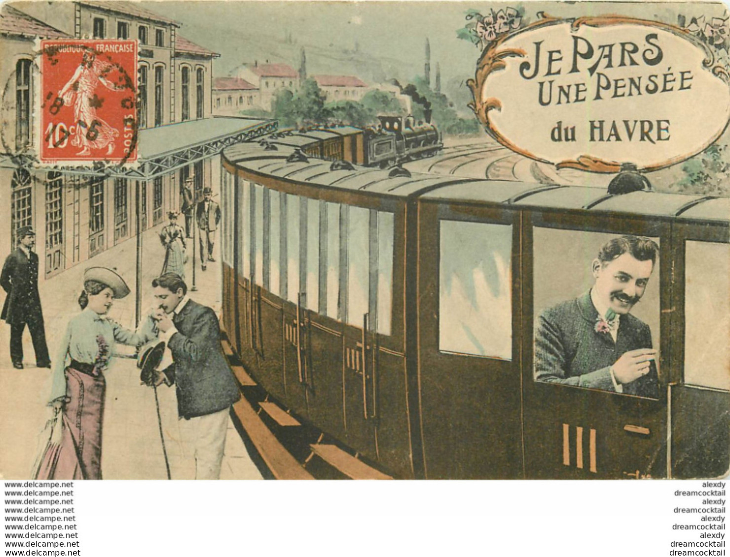 (XX) Carte Montage Gare Train Locomotive Voyageuse Voyageur. Je Pars De LE HAVRE 76 En 1917 - Gare