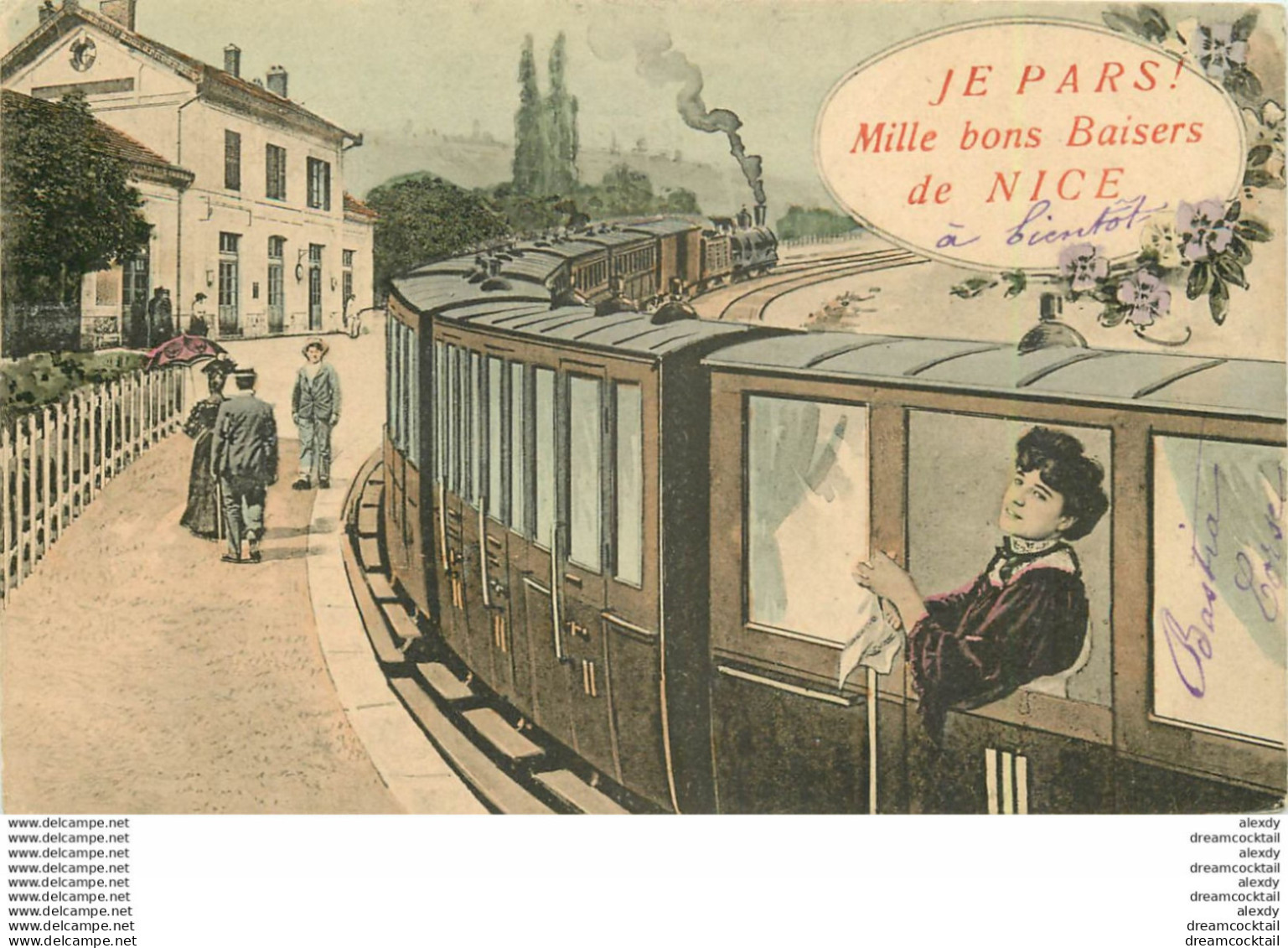 (XX) Carte Montage Gare Train Locomotive Voyageuse Voyageur. Je Pars De NICE 06 En 1908 - Transport (rail) - Station