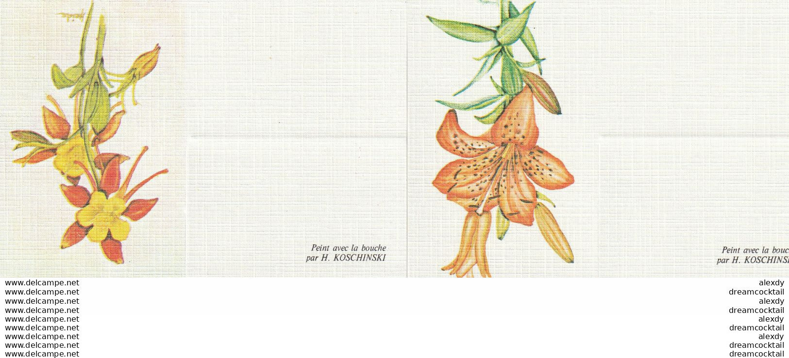 2 Mini Cartes De Fleurs Peintes à La Bouche Par H. Koschinski. Dimensions 10.5 X 7.5 Cm - Fourrier, G.