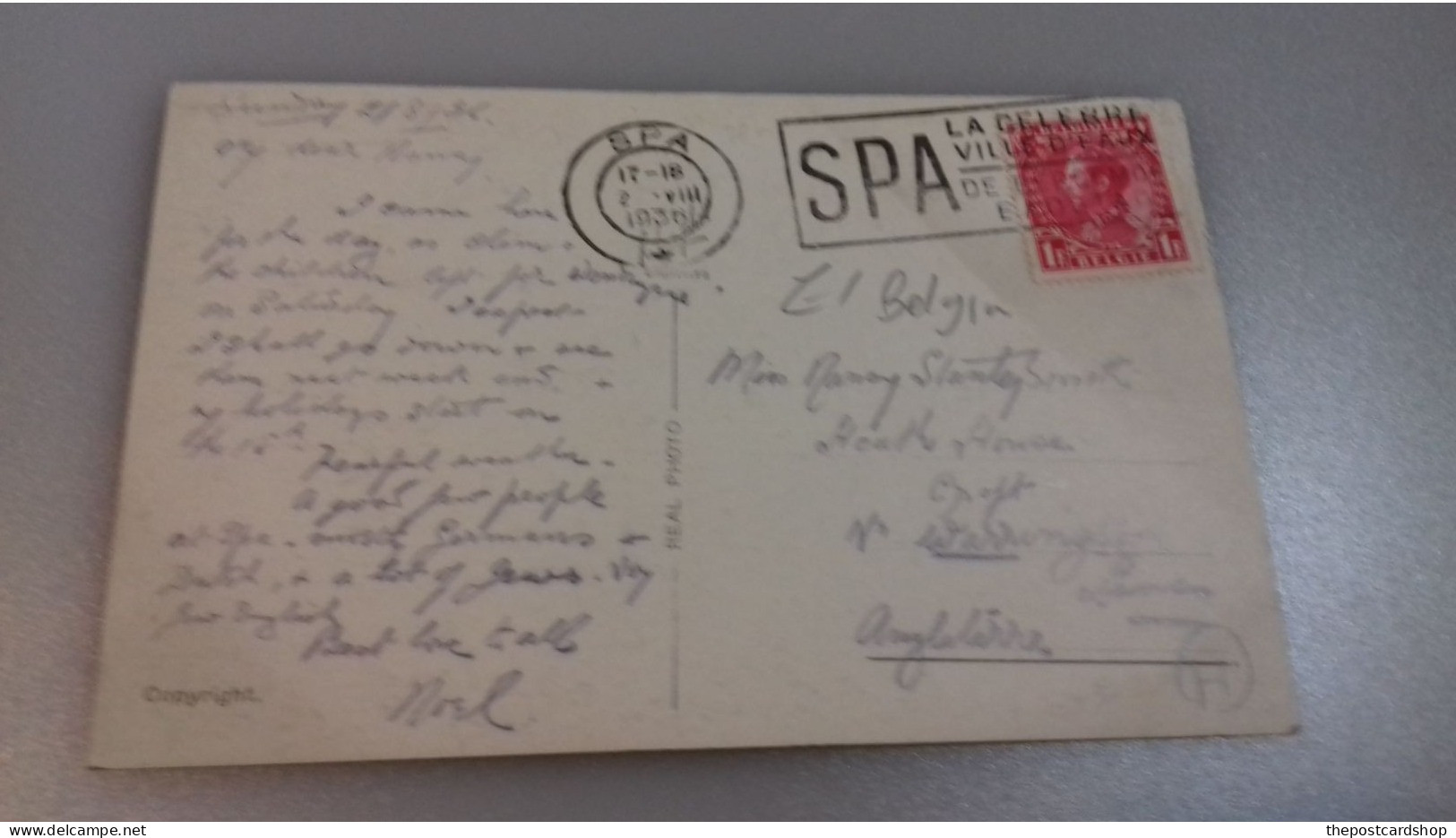 SPA PROMENADE DES ARTISTES1936 SLOGAN POSTMARK To MISS NANCY STANLEY SMITH  HEATH HOUSE CROFT Nr WARRINGTON - Spa