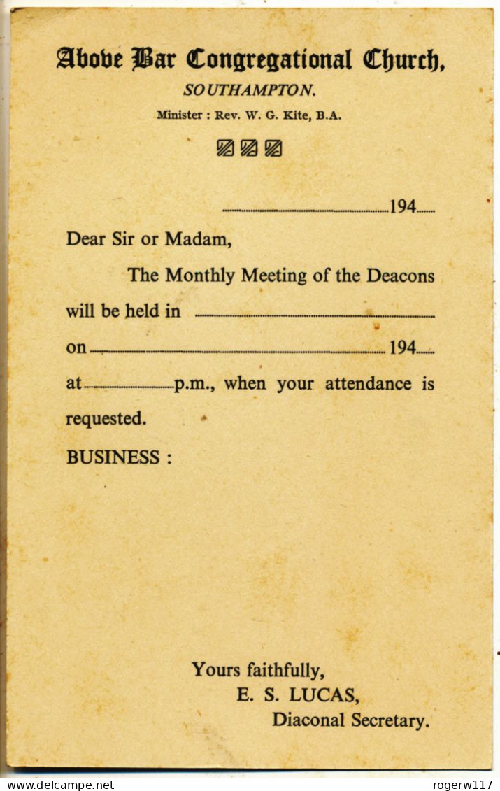 Above Bar Congregational Church, Southampton, 1946-47 Postcard Arranging Meeting - Southampton