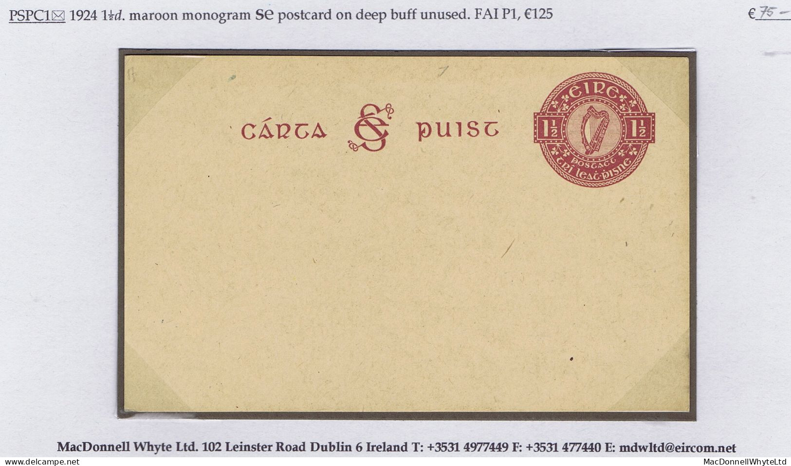 Ireland 1924 SE 1½d Maroon On Deep Buff Postcard, Fresh Unused. - Postwaardestukken