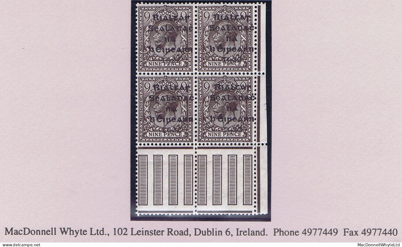 Ireland 1922 (Feb.) Dollard Rialtas 5-line Overprint In Black On 9d Agate Corner Block Of 4 Fresh Mint - Ongebruikt