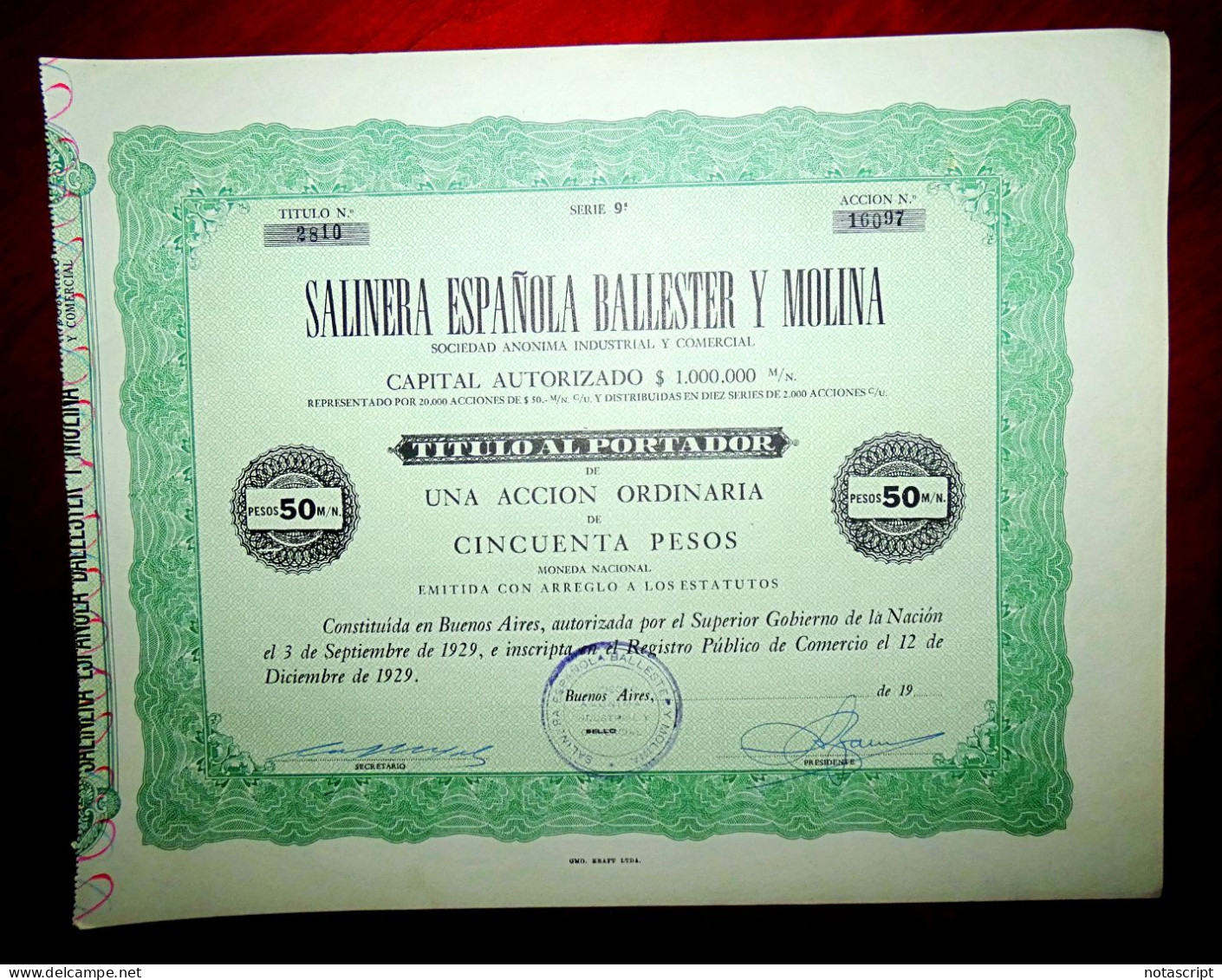 Salinera Española Ballester Y Molina, 1959, Buenos Aires (Argentina). Share Certificate - Industrie