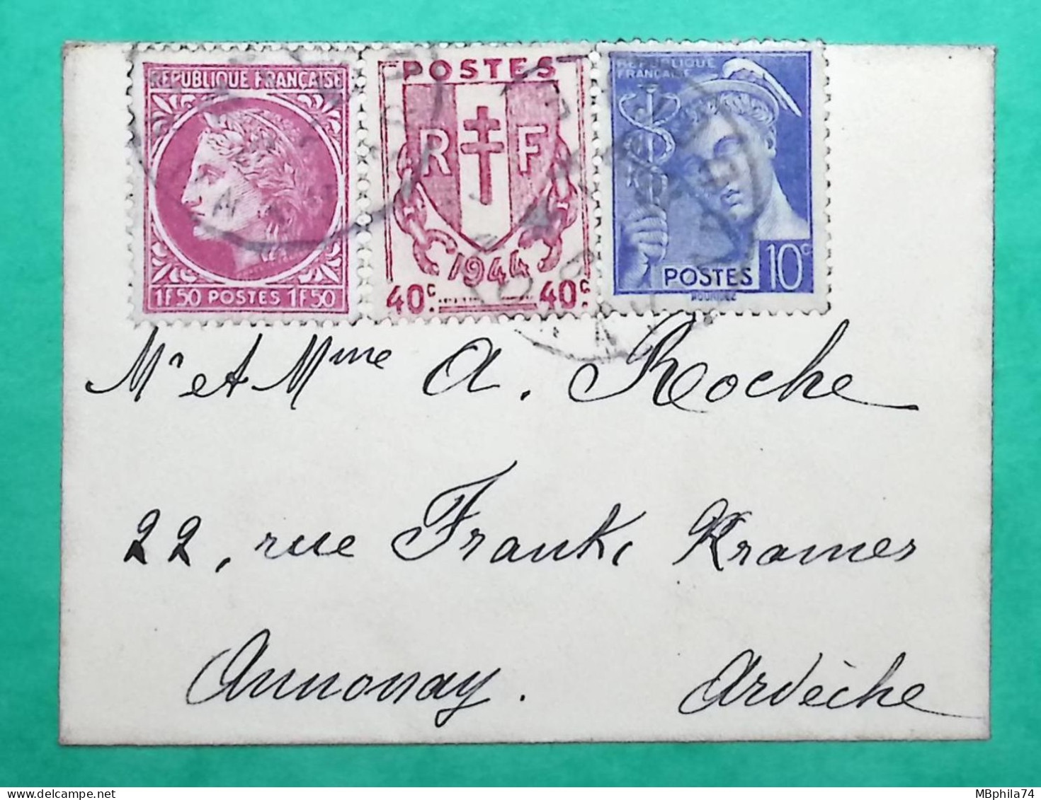 N°407 + 672 + 679 MIXTE MERCURE CHAINES BRISEES CERES MAZELIN MIGNONETTE TARIF 2F ANNONAY ARDECHE COVER FRANCE - 1945-47 Ceres Of Mazelin