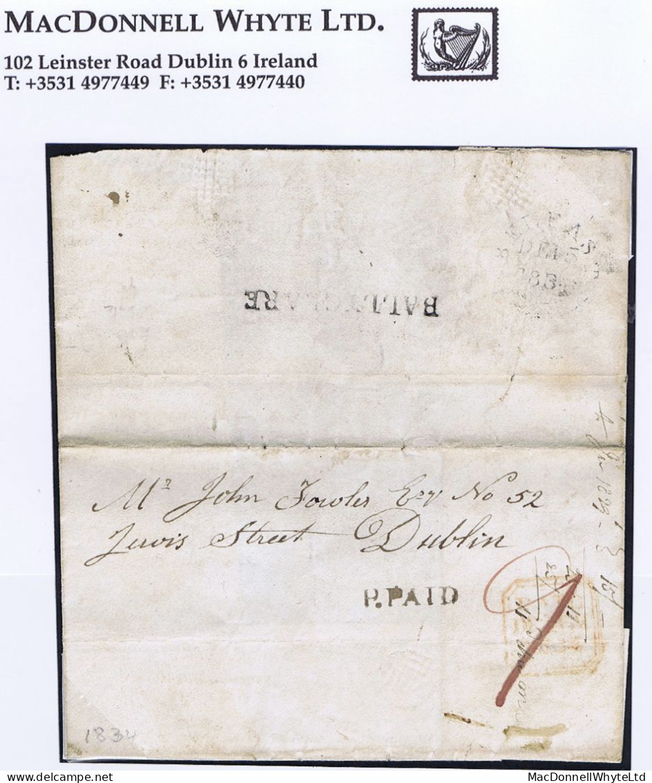 Ireland Antrim 1834 Masonic Cover To Dublin With Small Unframed "P.PAID" Of Ballyclare, Matching Type 1A BALLYCLARE - Prephilately