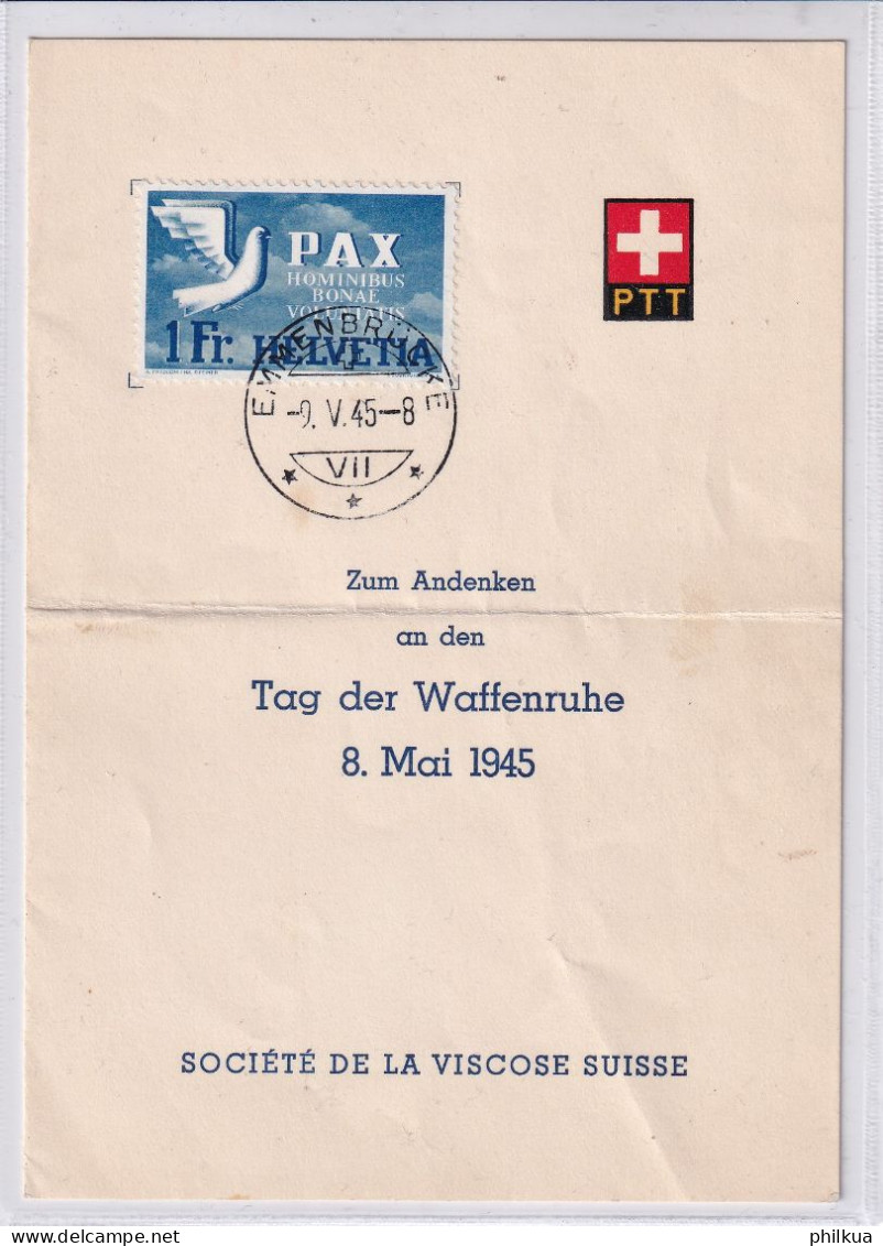 Zumst. 270 / Michel 455 Schweiz 1945 - PAX Friedenstaube Auf Faltblatt Mit ET-Stempel EMMENBRÜCKE / Kat. 225.-- - Briefe U. Dokumente