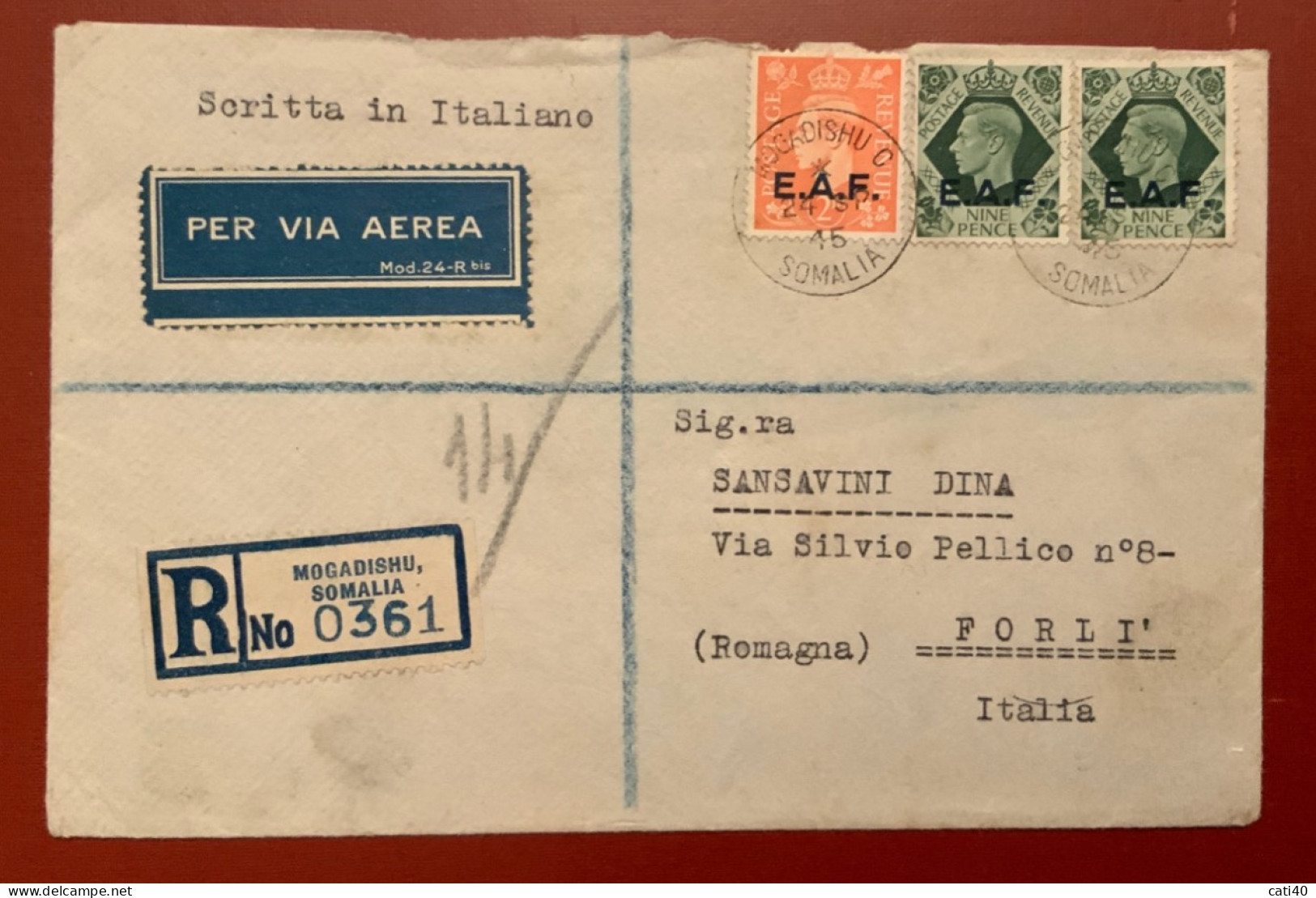 GRAN BRETAGNA E.A.F. (EAST FRICA FORCES) - REGISTERED MOGADISCIO 19/12/45 Su 9+9+2 D.TO FORLÌ - ITALY - Somaliland (Protettorato ...-1959)