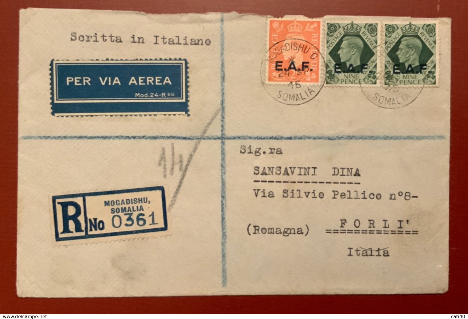 GRAN BRETAGNA E.A.F. (EAST FRICA FORCES) - REGISTERED MOGADISCIO 19/12/45 Su 9+9+2 D.TO FORLÌ - ITALY - Somaliland (Protectorate ...-1959)