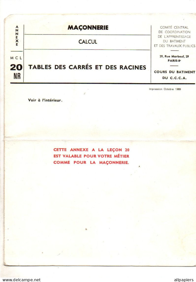 Annexe MCL 20 NR Maçonnerie Calcul Tables Des Carrés Et Des Racines Cours Du Bâtiment Du C.C.C.A. De 1969 - 18 Ans Et Plus