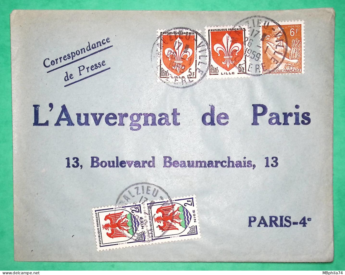 N°1115 + 1184 X2 + 1186 X2 MOISSONNEUSE ENVELOPPE PLI HORS SAC L'AUVBERGNAT DE PARIS 1959 LETTRE COVER FRANCE - 1957-1959 Oogst