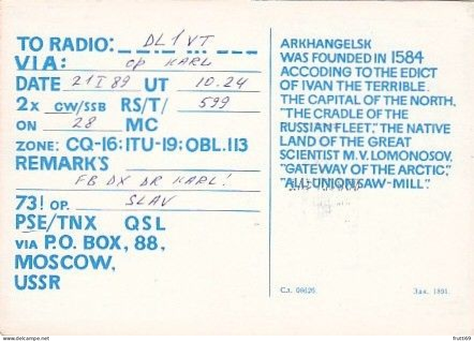 AK 183556 QSL - USSR - Arkhangelsk - Radio Amateur