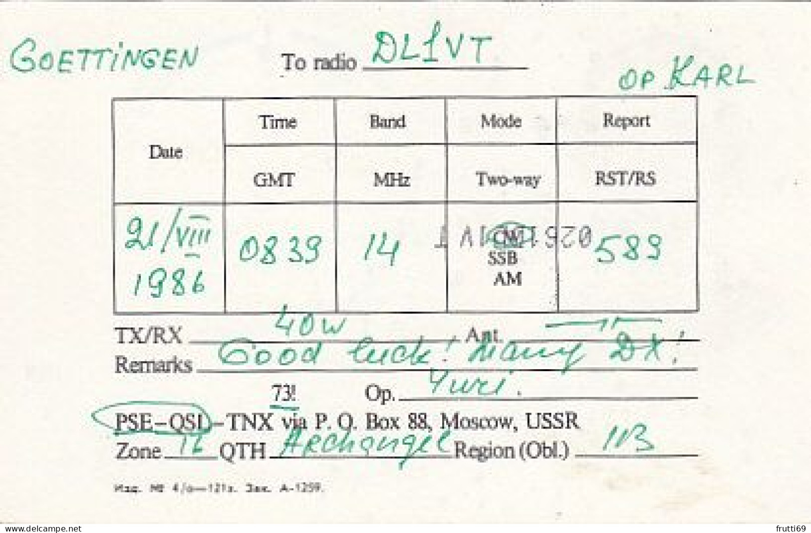 AK 183557 QSL - USSR - Archangel - Radio Amateur