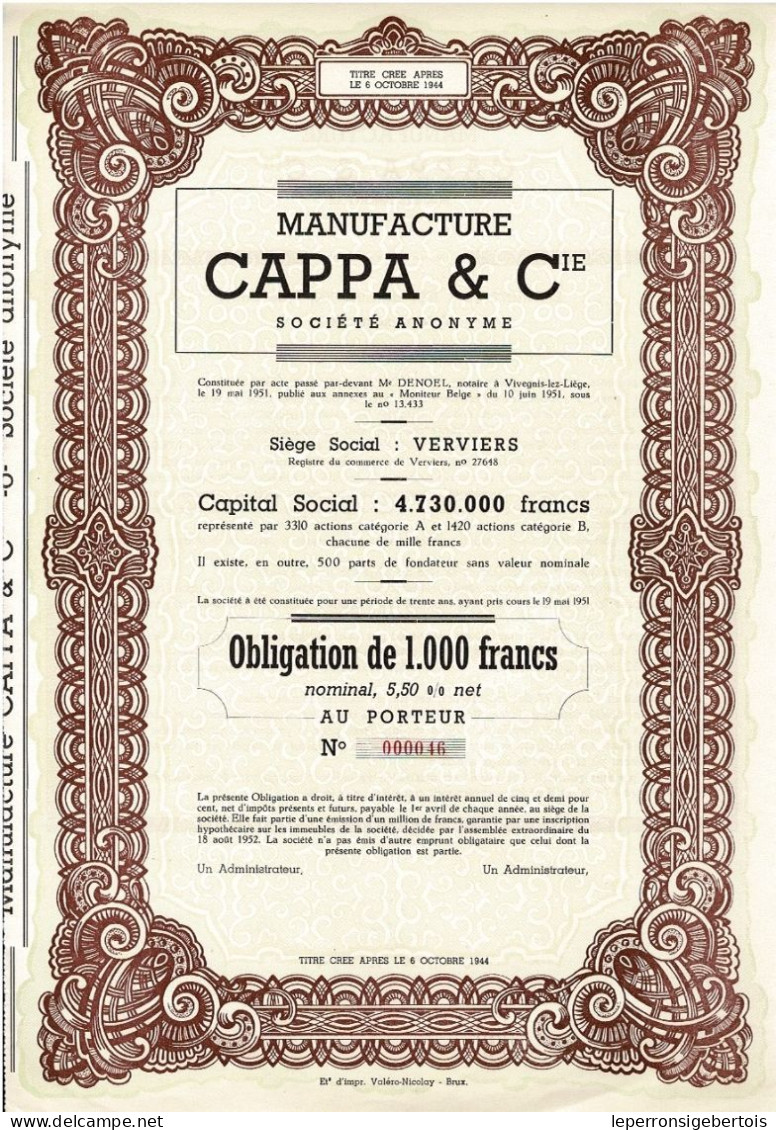 - Obligation De 1951 - Manufacture CAPPA & Cie - Verviers - EF - - Textile