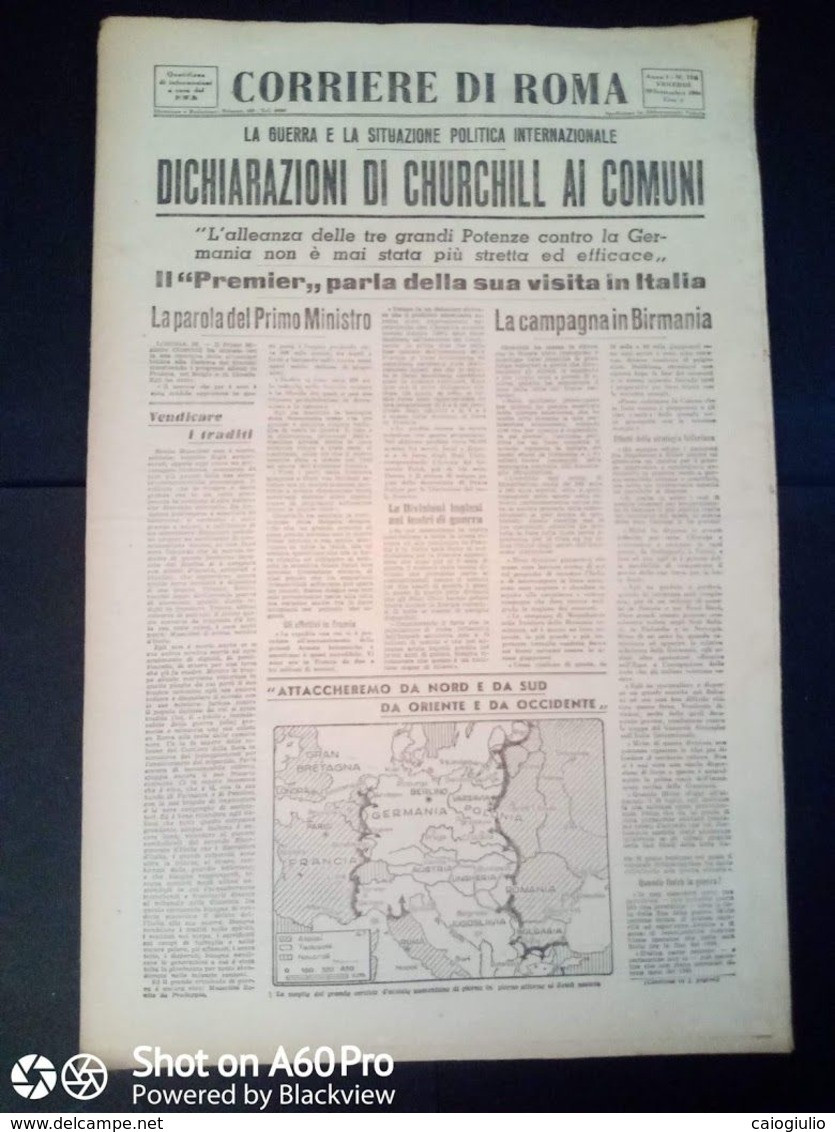 FASCISMO - CORRIERE DI ROMA N° 116 -  29 SETTEMBRE 1944 - CHURCHILL AI COMUNI - RIAPERTURA PROCESSO MATTEOTTI - War 1939-45