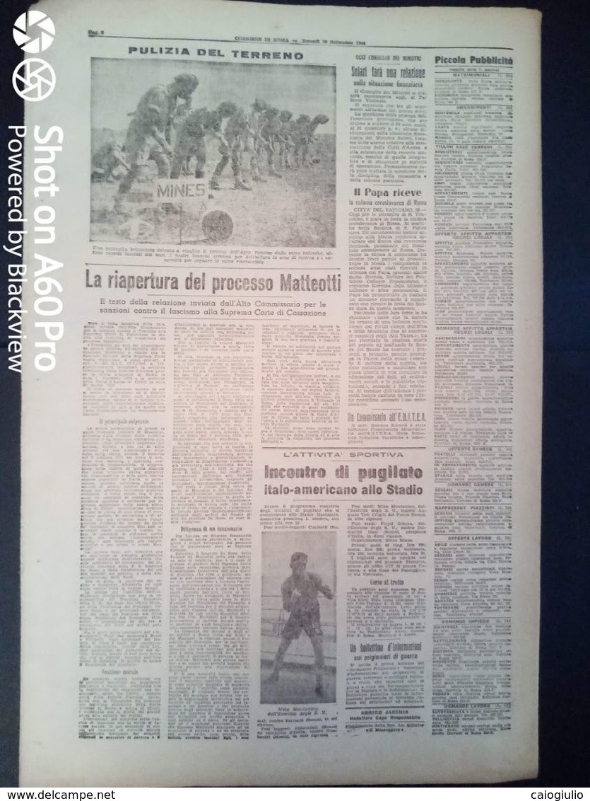 FASCISMO - CORRIERE DI ROMA N° 116 -  29 SETTEMBRE 1944 - CHURCHILL AI COMUNI - RIAPERTURA PROCESSO MATTEOTTI - Weltkrieg 1939-45