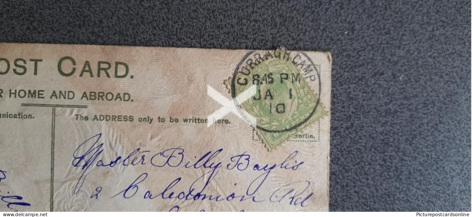 CURRAGH CAMP POSTMARK ON POSTCARD 1910 MILITARY CAMP IRELAND ON NEW YEAR POSTCARD - Unclassified