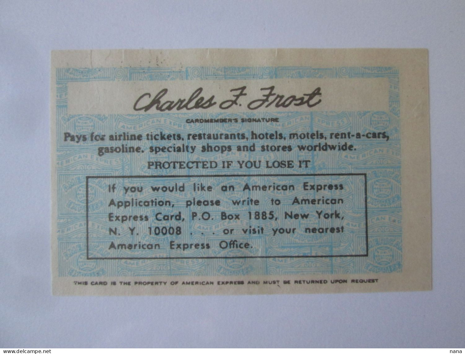 Rare! Vintage American Express Specimen Card Charles F.Frost 82 X 53 Mm See Pictures - Fictifs & Spécimens