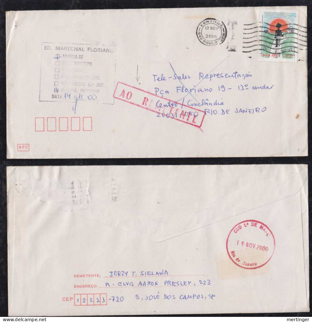 Brazil Brasil 2000 Cover SAO PAULO To RIO  Returned To Sender - Cartas & Documentos