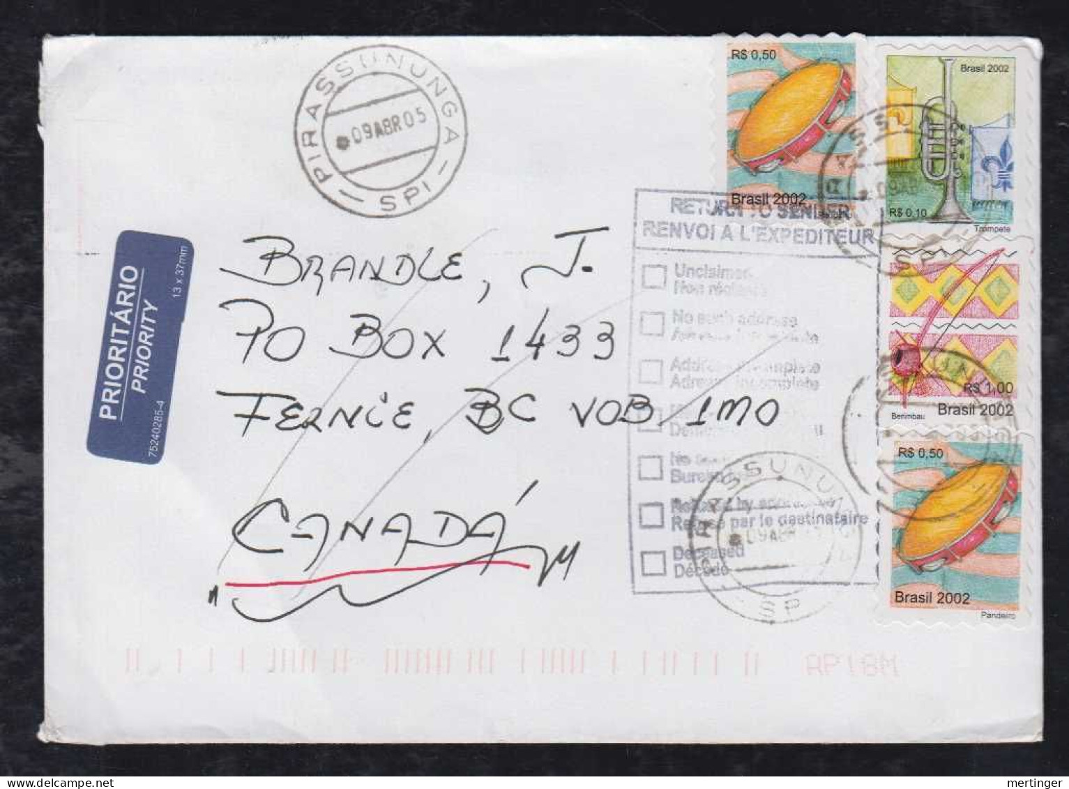 Brazil Brasil 2005 Cover PIRASSUNUNGA To CANADA Returned To Sender - Cartas & Documentos