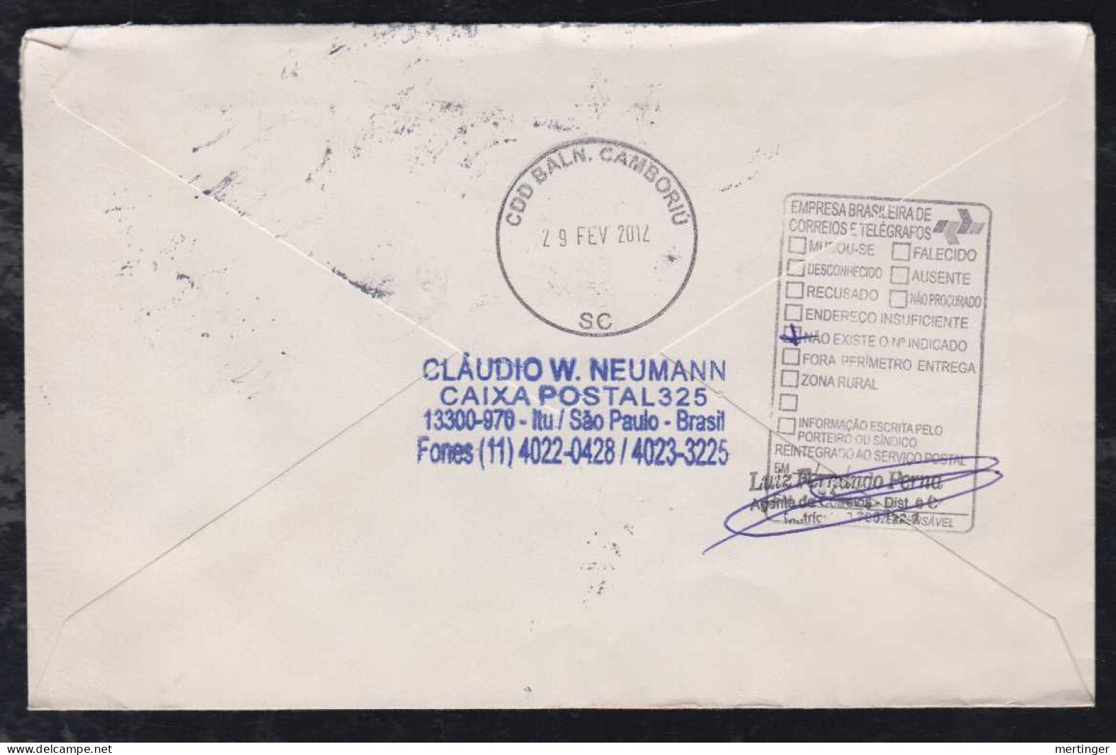 Brazil Brasil 2012 Registered Cover ITU To BAKN CAMBORIU Returned To Sender Christmas Stamp - Briefe U. Dokumente