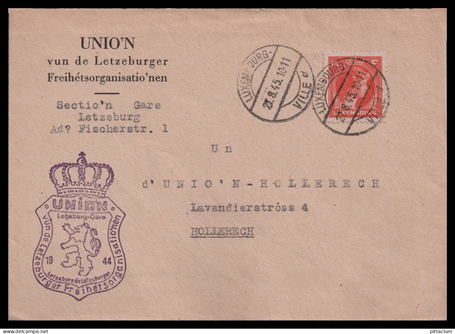 Luxemburg 1945: Brief  | Letzburg-Gare, Freihetsorganisionen, UNION | Luxemburg, Hollerech;Luxembourg - 1944 Charlotte Rechterzijde