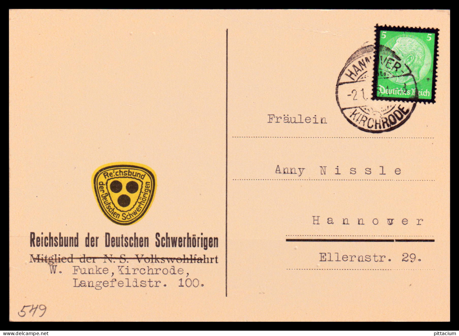 Deutsches Reich 1935: Postkarte / Werbekarte | Reichsbund, Hören, Schwerhörig | Hannover - Estonie