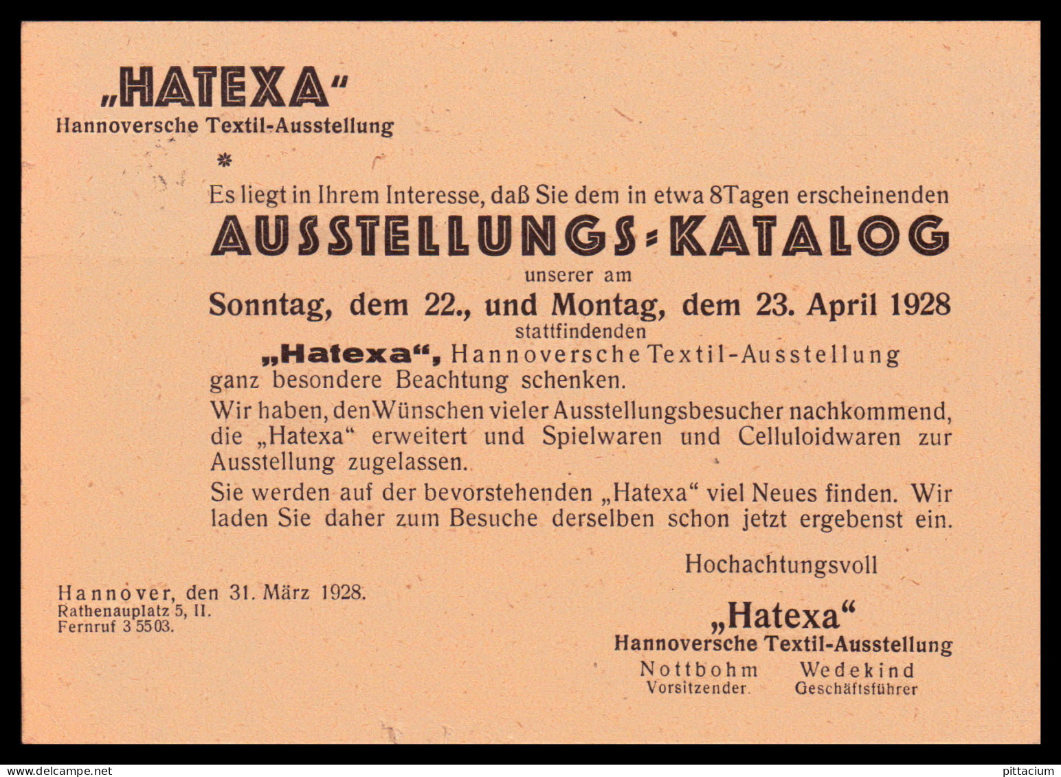 Deutsches Reich 1928: Postkarte / Werbekarte | Textil, Ausstellung, Katalog | Hannover, Heiligenfelde - Estonie