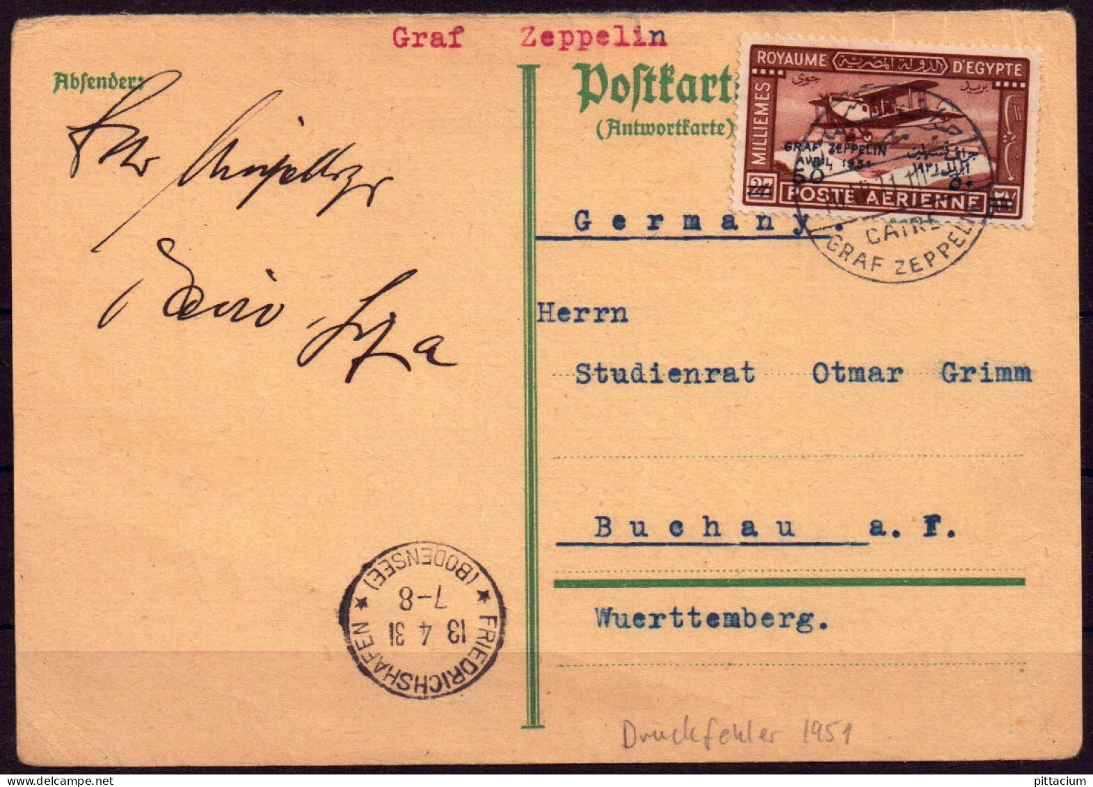 Ägypten 1931: Postkarte Antwortkarte / Luftpost | Luftpost, Bahnpost | Kairo, Buchau - Aéreo