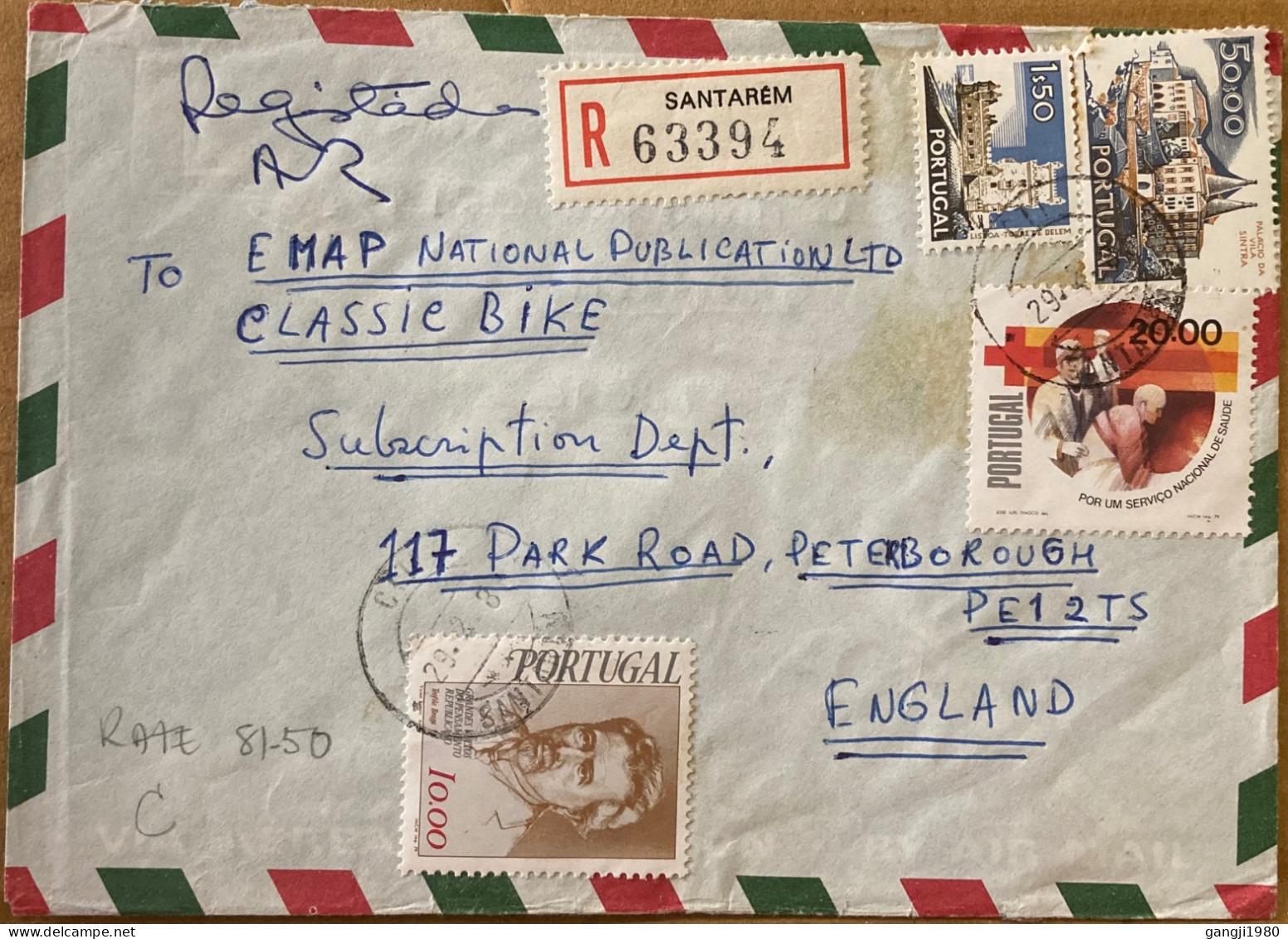 PORTUGAL 1980, REGISTER COVER, USED TO ENGLAND, 4 DIFF STAMP, BUILDING, PATIENT HEALTH SERVICE, TEOFILO BRAGA DOLTOR, SA - Lettres & Documents