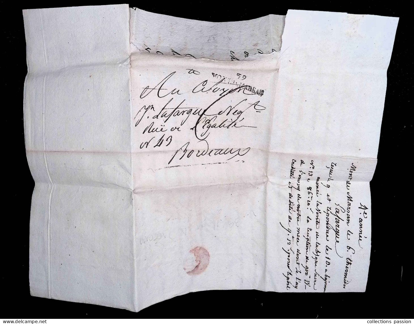 Lettre, Préphilatélie, Précurseurs XVIII E Siècle, 6 Thermidor An 4, 24 Juillet 1796, 39 MONT DE MARSAN à Bordeaux - 1701-1800: Vorläufer XVIII