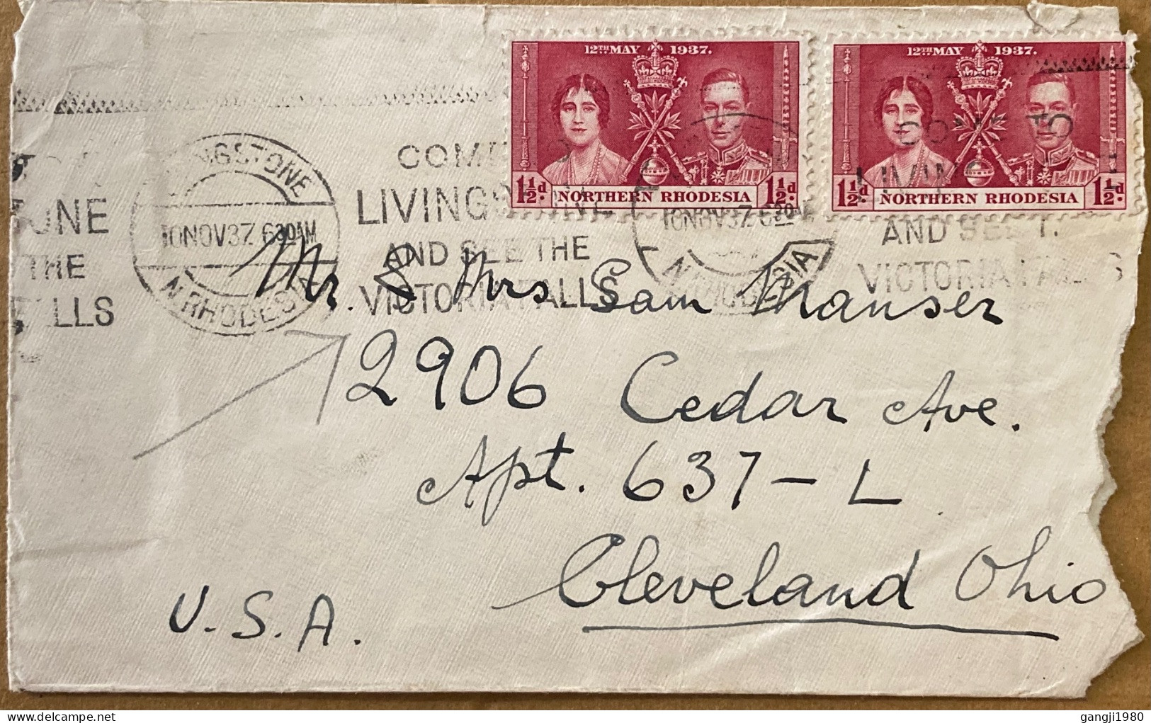 NORTHERN RHODESIA1937, KING & QUEEN CORONATION STAMP, SLOGAN COME LIVING AND SEE THE VICTORIA FALL. - Northern Rhodesia (...-1963)