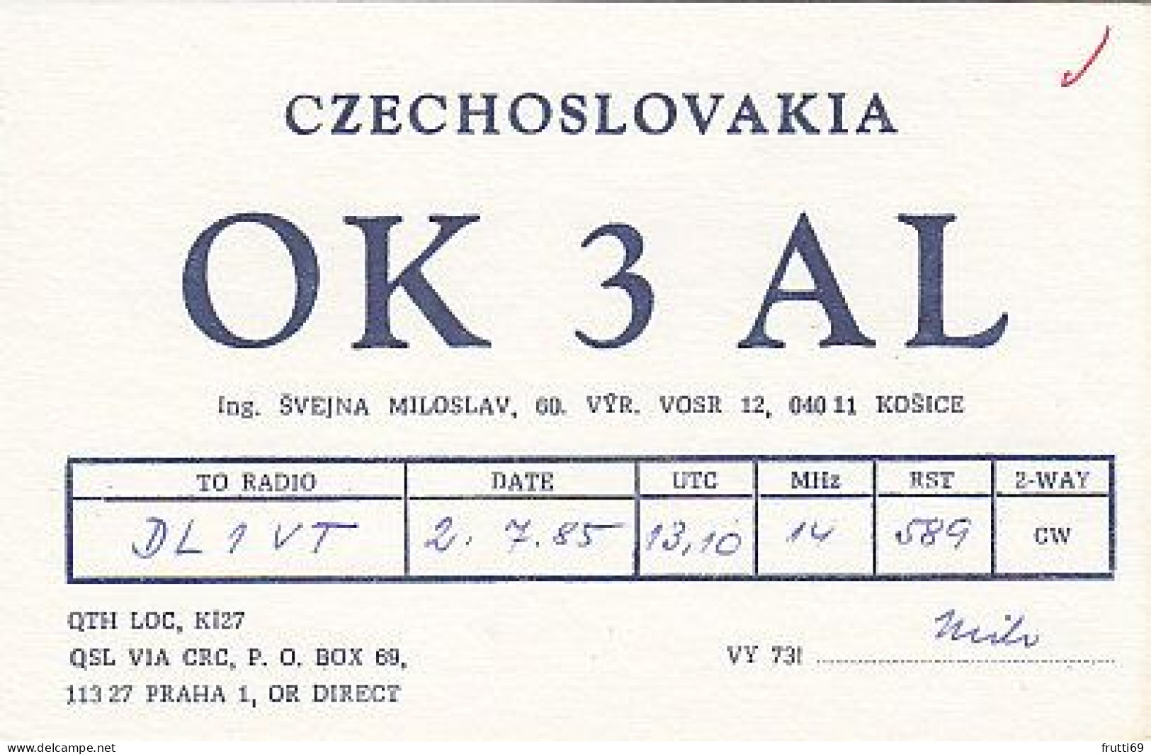 AK 183649 QSL - Czechoslovakia - Kosice - Radio Amateur