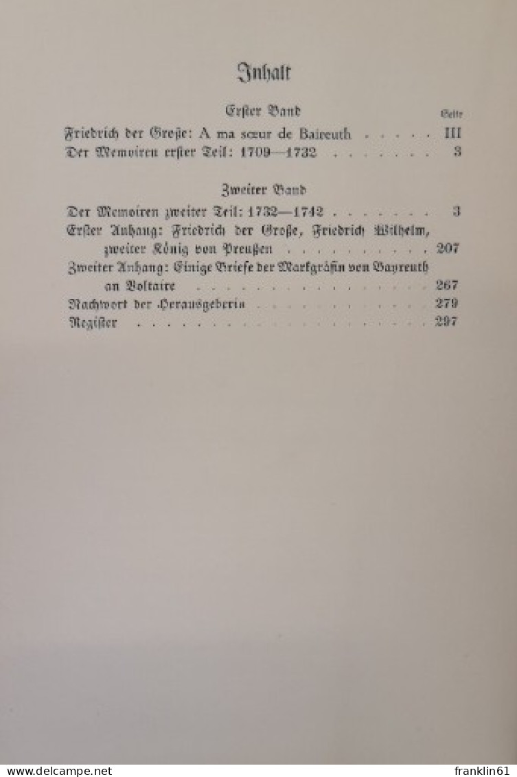 Memoiren der Markgräfin Wilhelmine von Bayreuth. 2 Bände komplett.