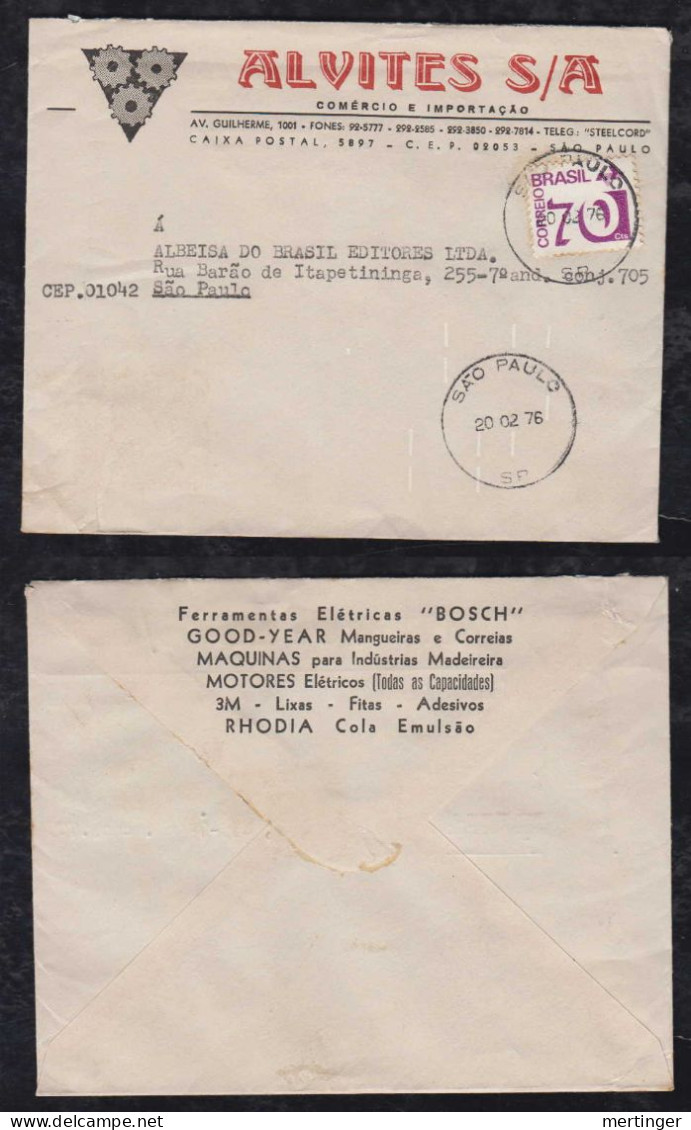 Brazil Brasil 1976 Cover 70Cts SAO PAULO Advertising Alvites - Storia Postale