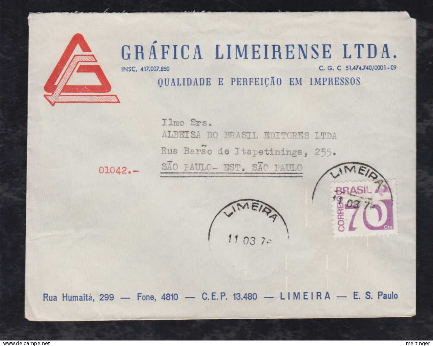 Brazil Brasil 1976 Cover 70Cts LIMEIRA X SAO PAULO Advertising Grafica Limeirense - Briefe U. Dokumente