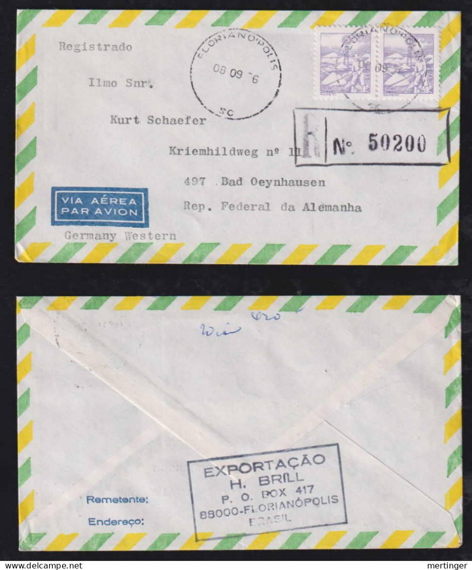 Brazil Brasil 1976 Registered Airmail Cover FLORIANOPOLIS X Bad Oeynhausen 2x 7Cr Salineiro Stamp - Covers & Documents