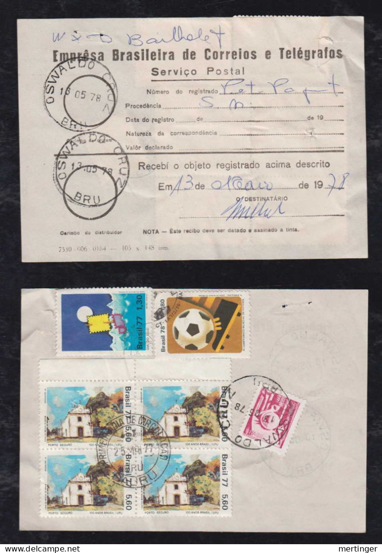 Brazil Brasil 1978 Receipt Registered Letter Uprated With Stamps Oswaldo Cruz - Brieven En Documenten