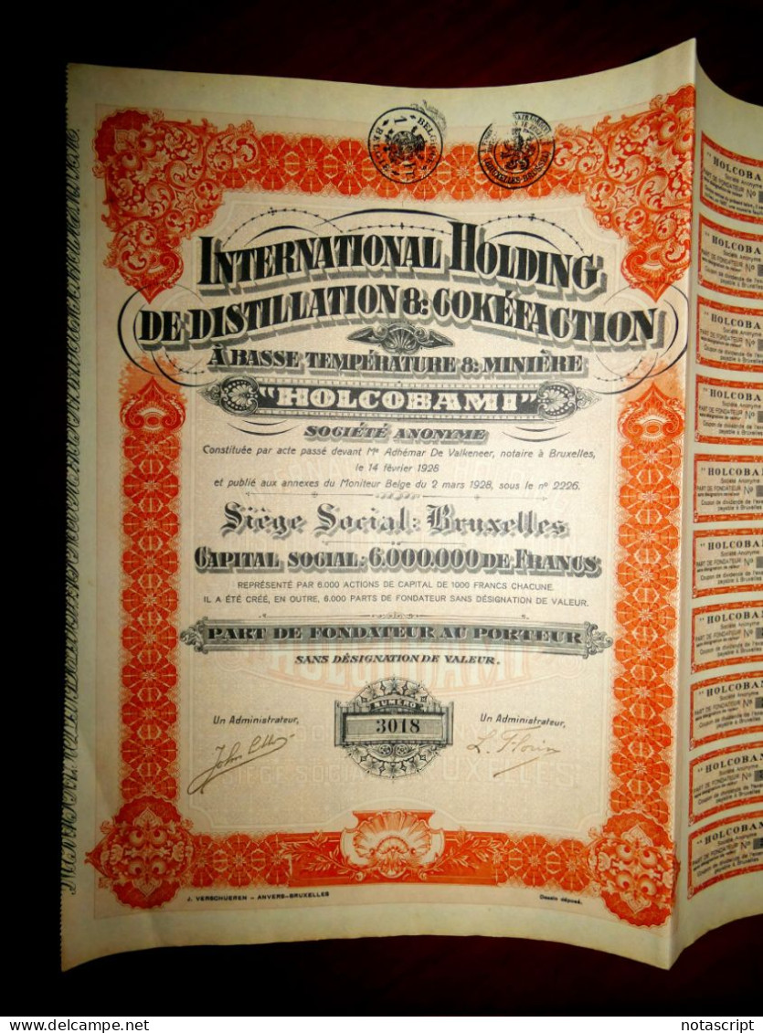 International Holding De Dystillation & Cokéfaction HOLCOBAMI SA" Bruselas, Bélgica. 1928.acción - Pétrole