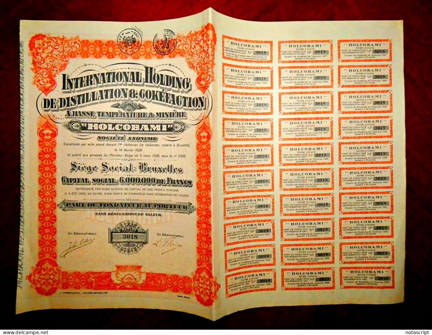 International Holding De Dystillation & Cokéfaction HOLCOBAMI SA" Bruselas, Bélgica. 1928.acción - Aardolie